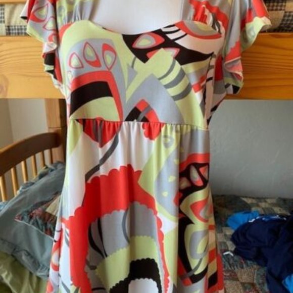 Lot of 3~DRESS BARN Silky s/s TUNIC TOPS~fluttery-BLUES-Retro ORANGE Gray-sz M - Picture 3 of 16